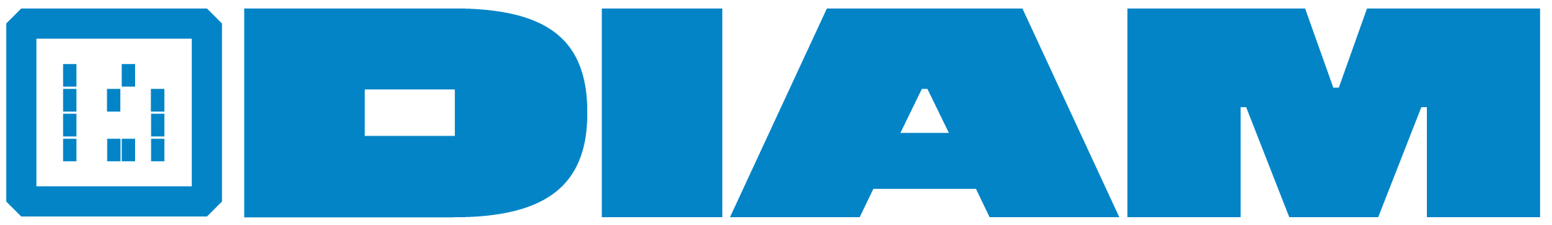 A horizontal logo for 'DIAM General Services, LLC'. The logo is composed of capital letters spelling out 'DIAM' in a bold, sans-serif font. The letters are colored blue with a white outline. The 'D' is stylized to incorporate a amber octagonal shape, resembling a stop sign, with a white border and a white interior. Inside this octagon, there is a negative space in the shape of the letter 'D'. The design is clean, modern, and easily readable, with a simple color palette that emphasizes blue and white. The logo conveys a sense of professionalism and reliability, and the stylized 'D' adds a unique branding element that could be associated with the company's identity.