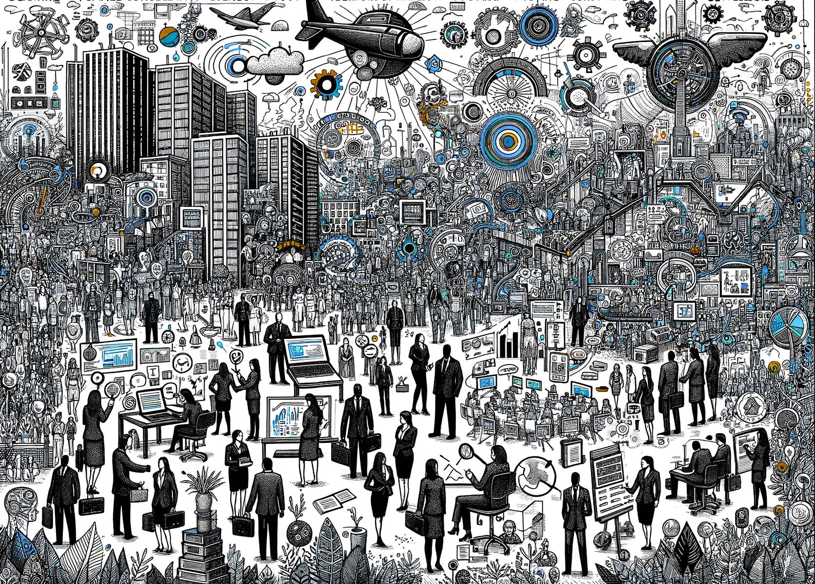 This is a highly detailed black-and-white pen drawing of a bustling cityscape filled with numerous figures and elements symbolic of business, technology, and innovation. The scene is teeming with a variety of people, depicted in business attire, engaged in different activities such as meetings, presentations, and casual discussions. Various modes of transportation like cars, an airplane, and a helicopter are illustrated. The background is a complex mesh of gears, clocks, charts, and buildings, representing a hive of industry and enterprise. The artwork is dense with information and visual metaphors, including elements like light bulbs and computer screens, indicating a vibrant environment of ideas and digital advancement. There is a central staircase leading towards a large eye, which could be interpreted as a metaphor for vision or leadership. The overall composition conveys a dynamic and interconnected world of professional human activity within a modern urban setting.